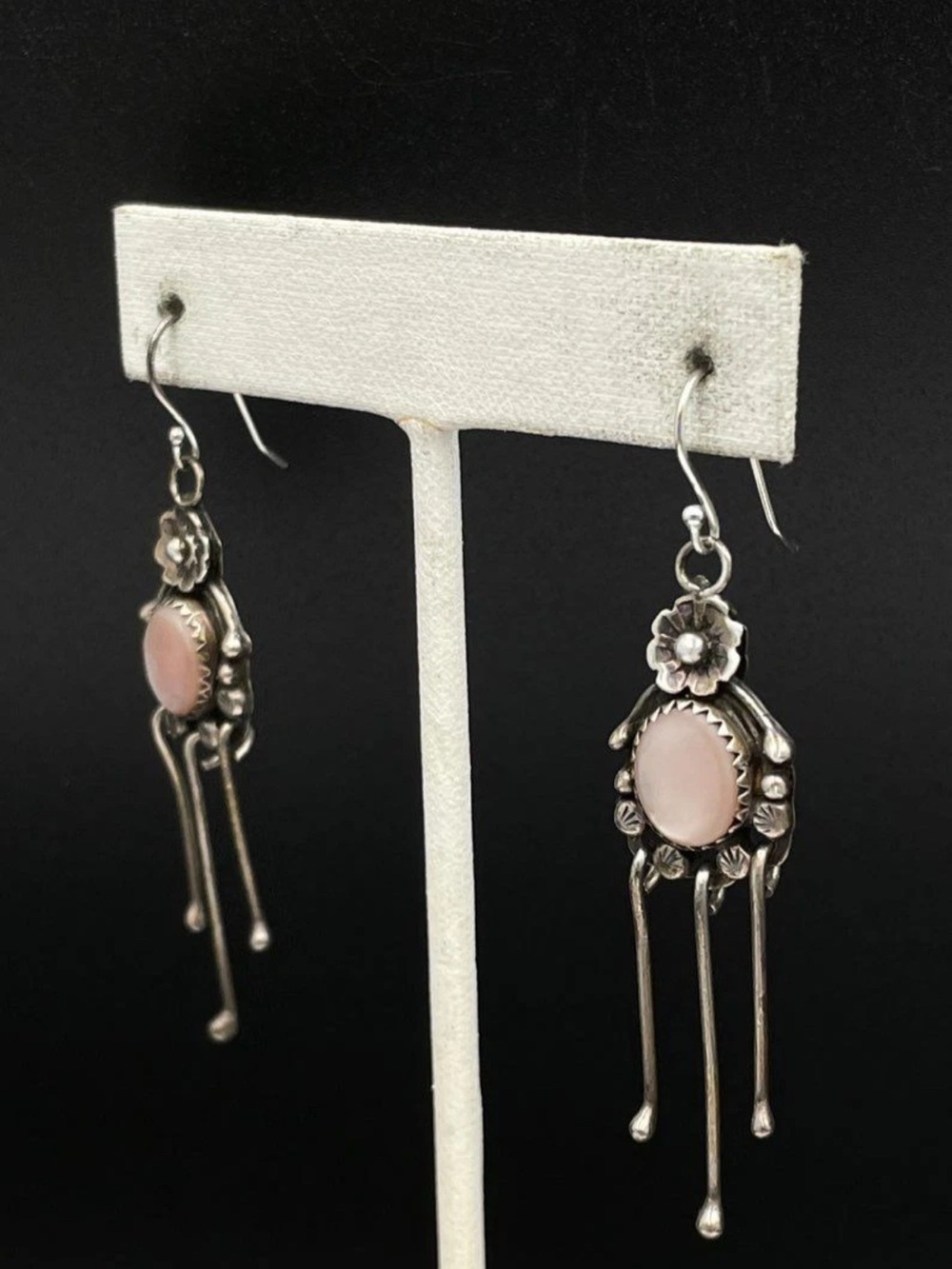 Vintage Navajo Sterling Silver Dangle Earrings Pink Stone Signed E 6.8g - Picture 4 of 9